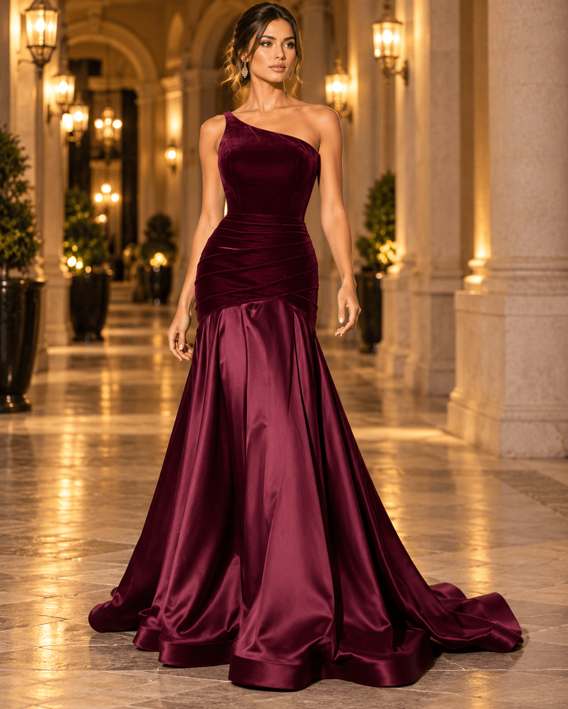 Burgundy One-Shoulder Ruched Satin Gown