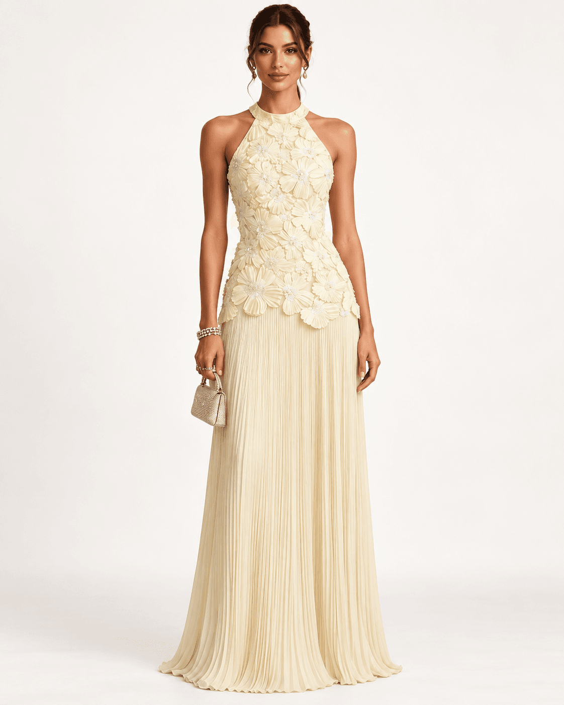 Ivory Floral Appliqué Halter Maxi Dress