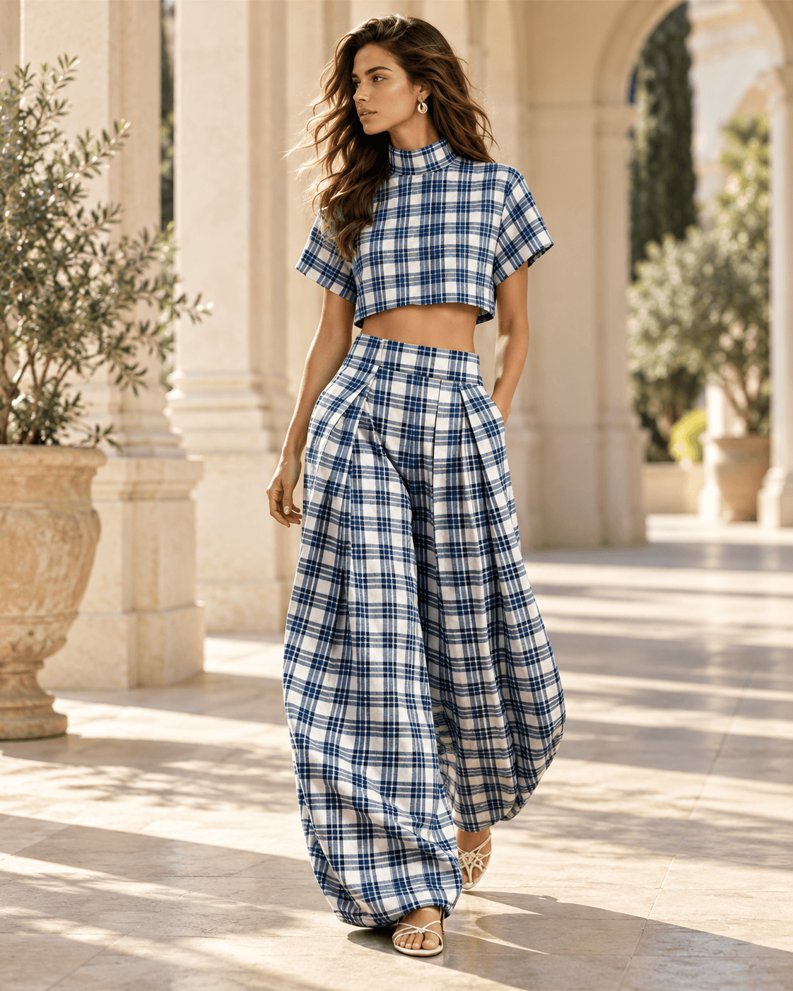 Blue Checkered Crop Top and Wide-Leg Trouser Co-ord Set