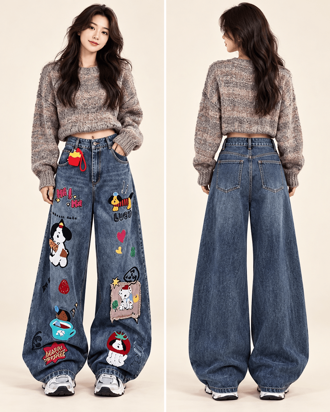Blue Cartoon Patchwork High-Waist Baggy Jeans