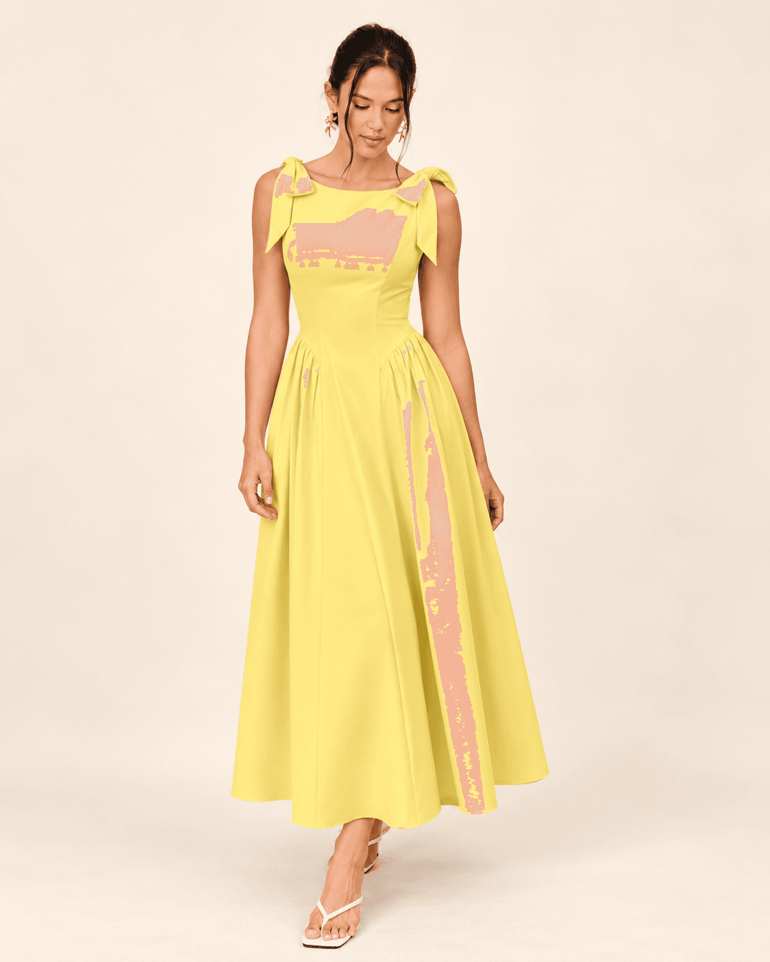 Butter Yellow Bow-Shoulder Fit-and-Flare Midi Dress