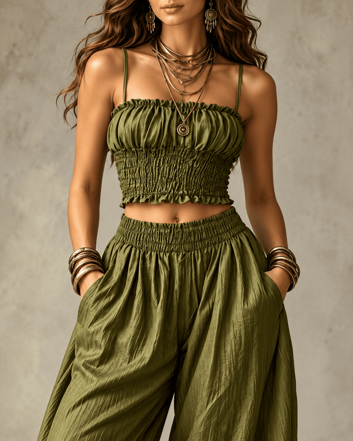 Olive Green Smocked Crop Top and Harem Pants Co-ord Set
